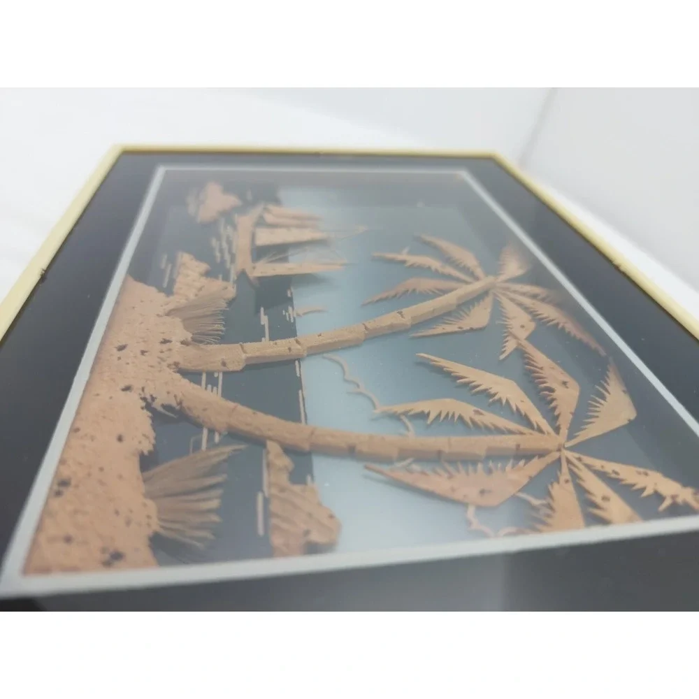 VTG Cork Carved Ocean Scene Diorama Wall‎ Shadow Box Sailboat Palm